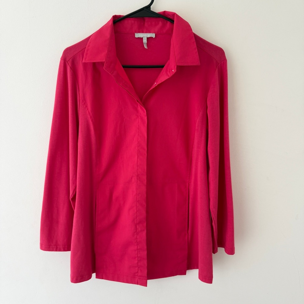 Hinson Wu Ally Pink Cotton Blend Knit Back Button Up Shirt M Stretch Business